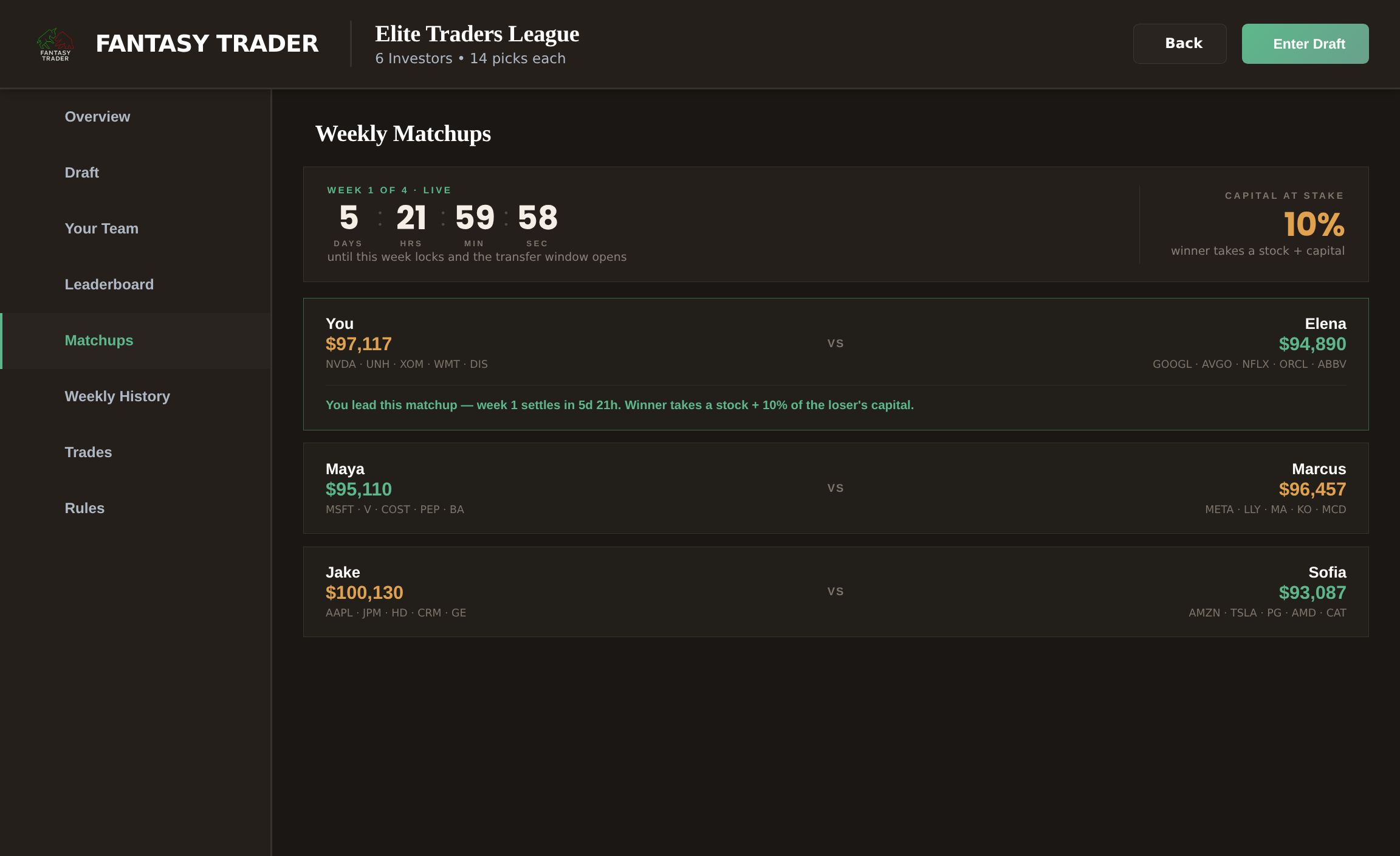 Current week matchups, live