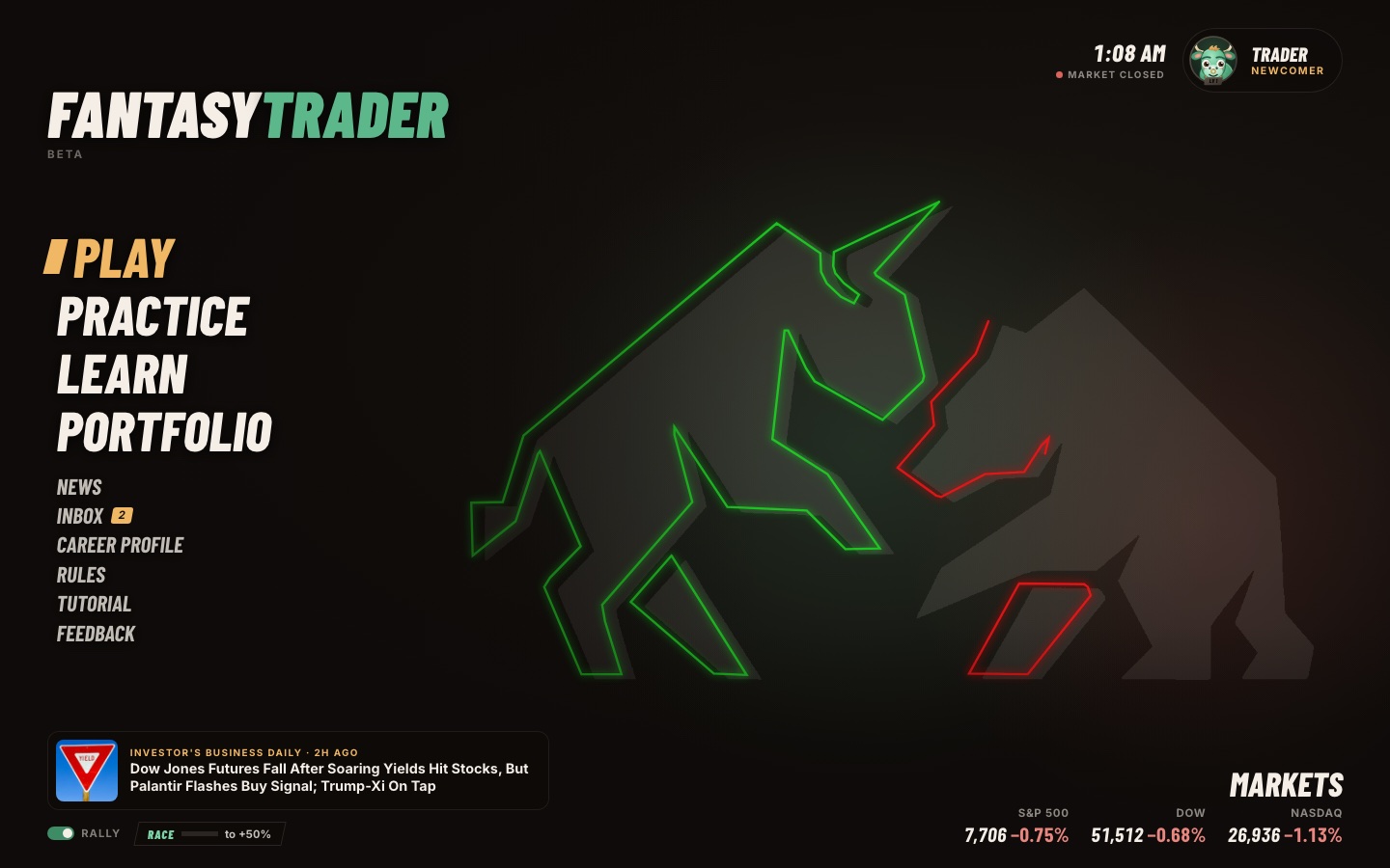 The Fantasy Trader main menu: Play, Practice, Learn, Portfolio